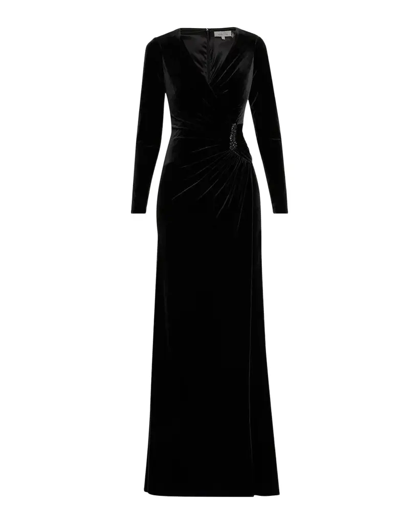Velvet Beaded Accent A-Line Gown Velvet Beaded Accent A-Line Gown