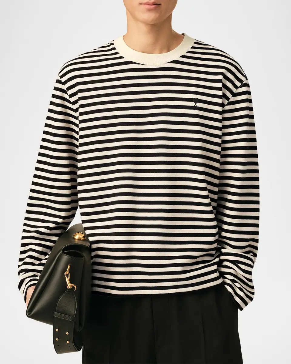 AMI PARIS Men's Stripe Cotton Crewneck Long-Sleeve T-Shirt | Thumbnail 4 AMI PARIS Men's Stripe Cotton Crewneck Long-Sleeve T-Shirt | Thumbnail 4