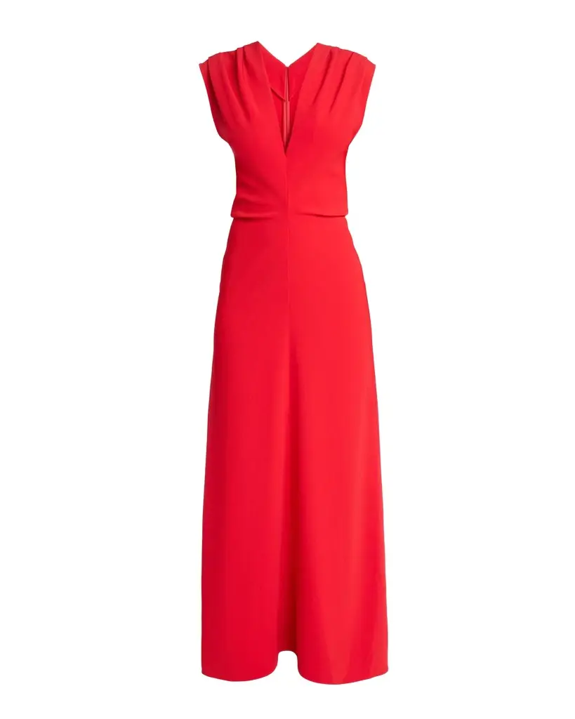 Geraldine Plunging Gathered-Shoulder Sleeveless Maxi Dress Geraldine Plunging Gathered-Shoulder Sleeveless Maxi Dress
