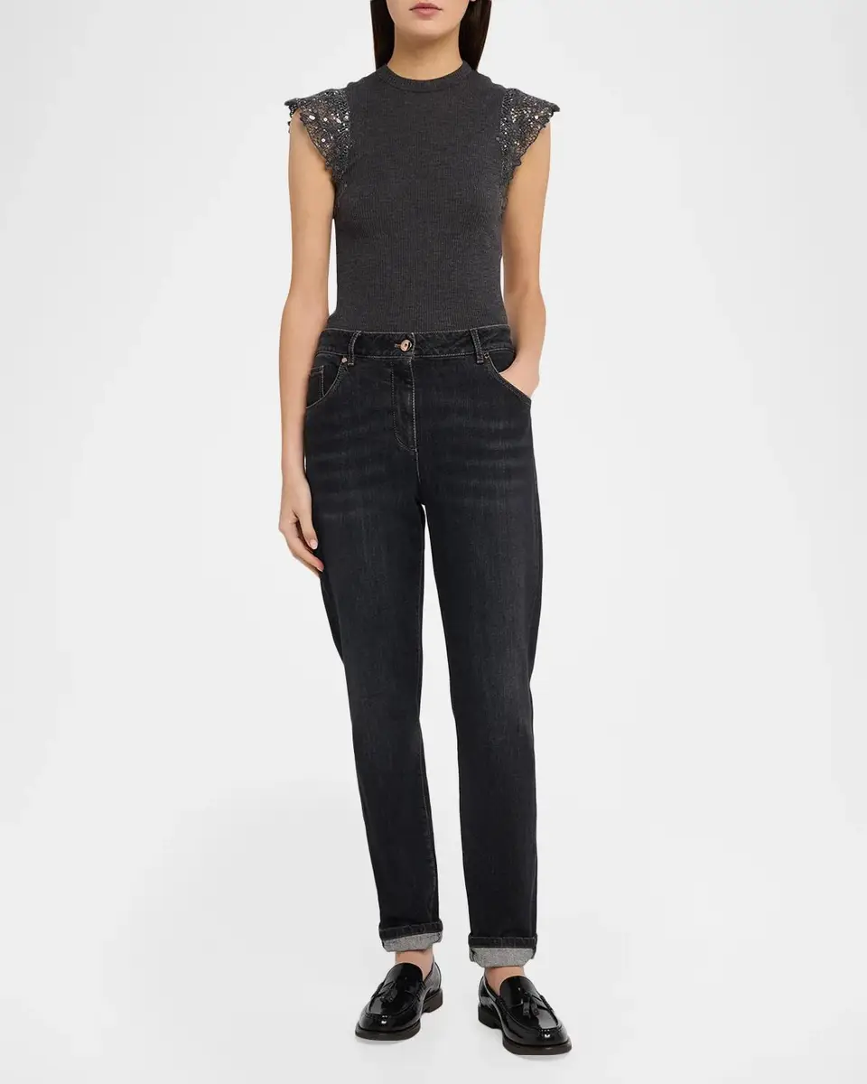 Brunello Cucinelli Shimmer Net Knit Cap-Sleeve Wool Jersey Rib Top | Thumbnail 2 Brunello Cucinelli Shimmer Net Knit Cap-Sleeve Wool Jersey Rib Top | Thumbnail 2
