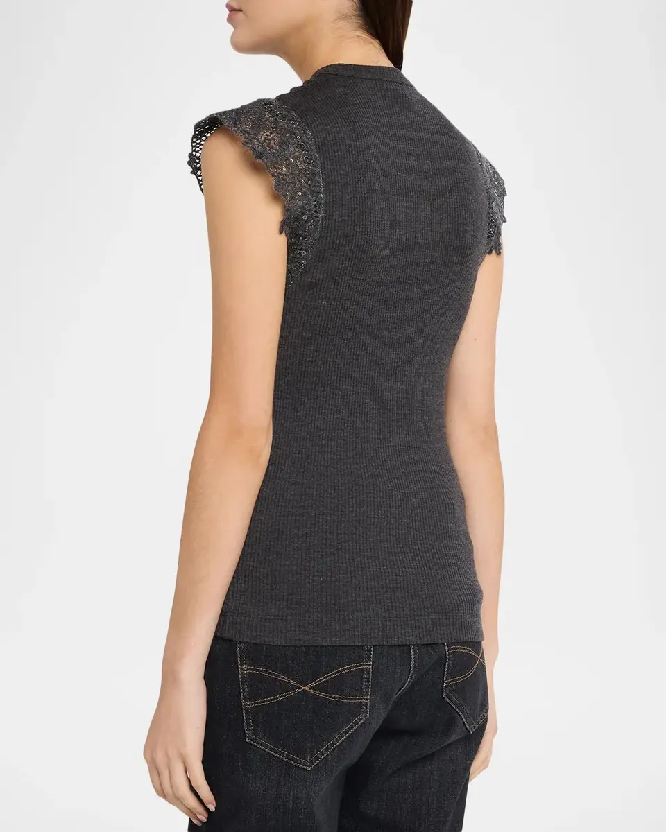 Brunello Cucinelli Shimmer Net Knit Cap-Sleeve Wool Jersey Rib Top | Thumbnail 3 Brunello Cucinelli Shimmer Net Knit Cap-Sleeve Wool Jersey Rib Top | Thumbnail 3