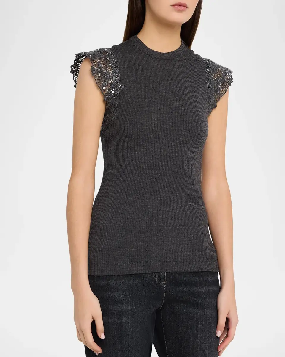 Brunello Cucinelli Shimmer Net Knit Cap-Sleeve Wool Jersey Rib Top | Thumbnail 4 Brunello Cucinelli Shimmer Net Knit Cap-Sleeve Wool Jersey Rib Top | Thumbnail 4