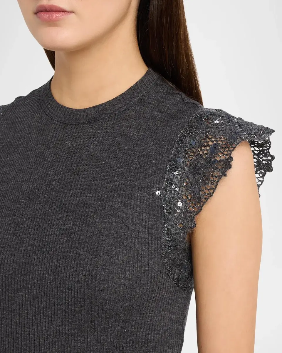Brunello Cucinelli Shimmer Net Knit Cap-Sleeve Wool Jersey Rib Top | Thumbnail 5 Brunello Cucinelli Shimmer Net Knit Cap-Sleeve Wool Jersey Rib Top | Thumbnail 5