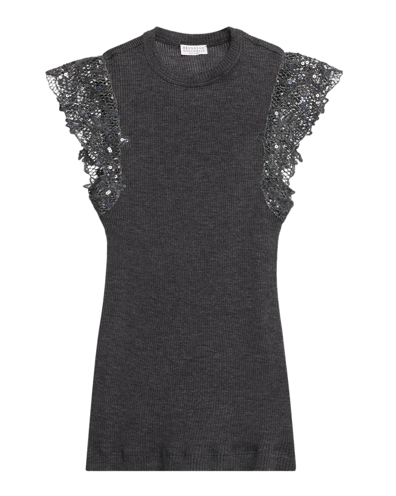 Brunello Cucinelli Shimmer Net Knit Cap-Sleeve Wool Jersey Rib Top