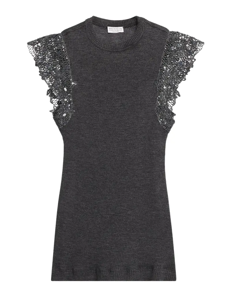 Brunello Cucinelli Shimmer Net Knit Cap-Sleeve Wool Jersey Rib Top