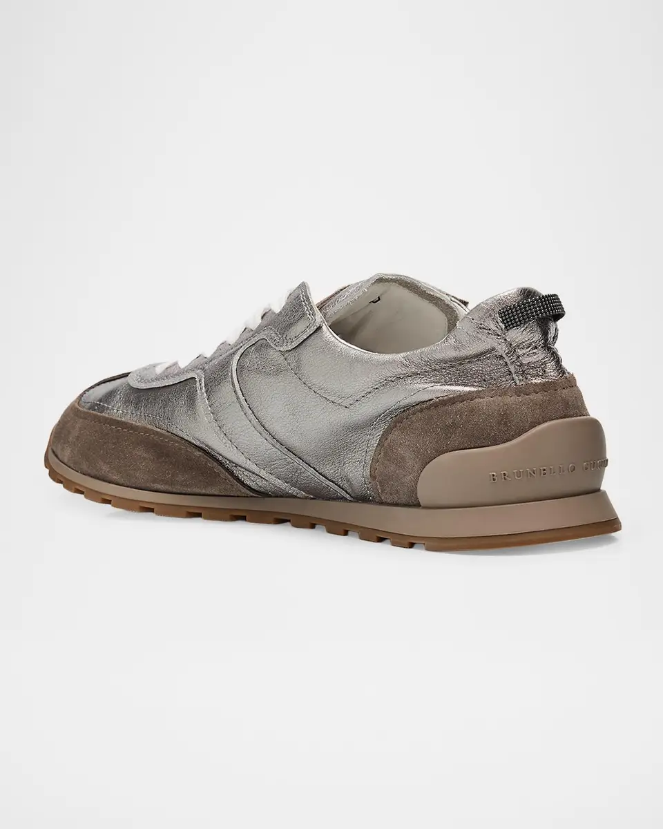 Brunello Cucinelli Monili Pull-Tab Crinkle-Effect Leather Low-Top Sneakers | Thumbnail 4