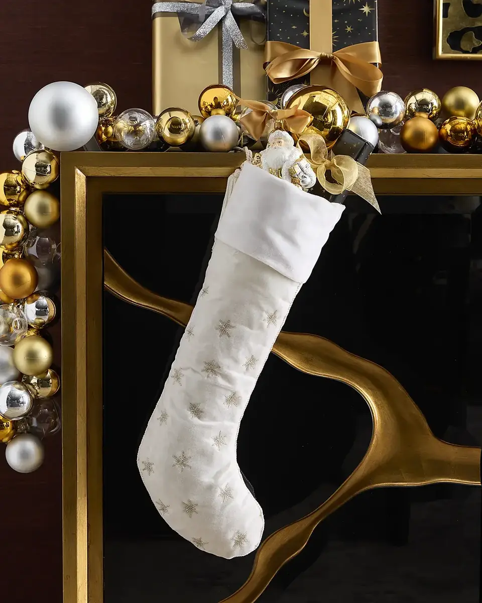 Sudha Pennathur Beaded Snowflakes on Silver Velvet Stocking