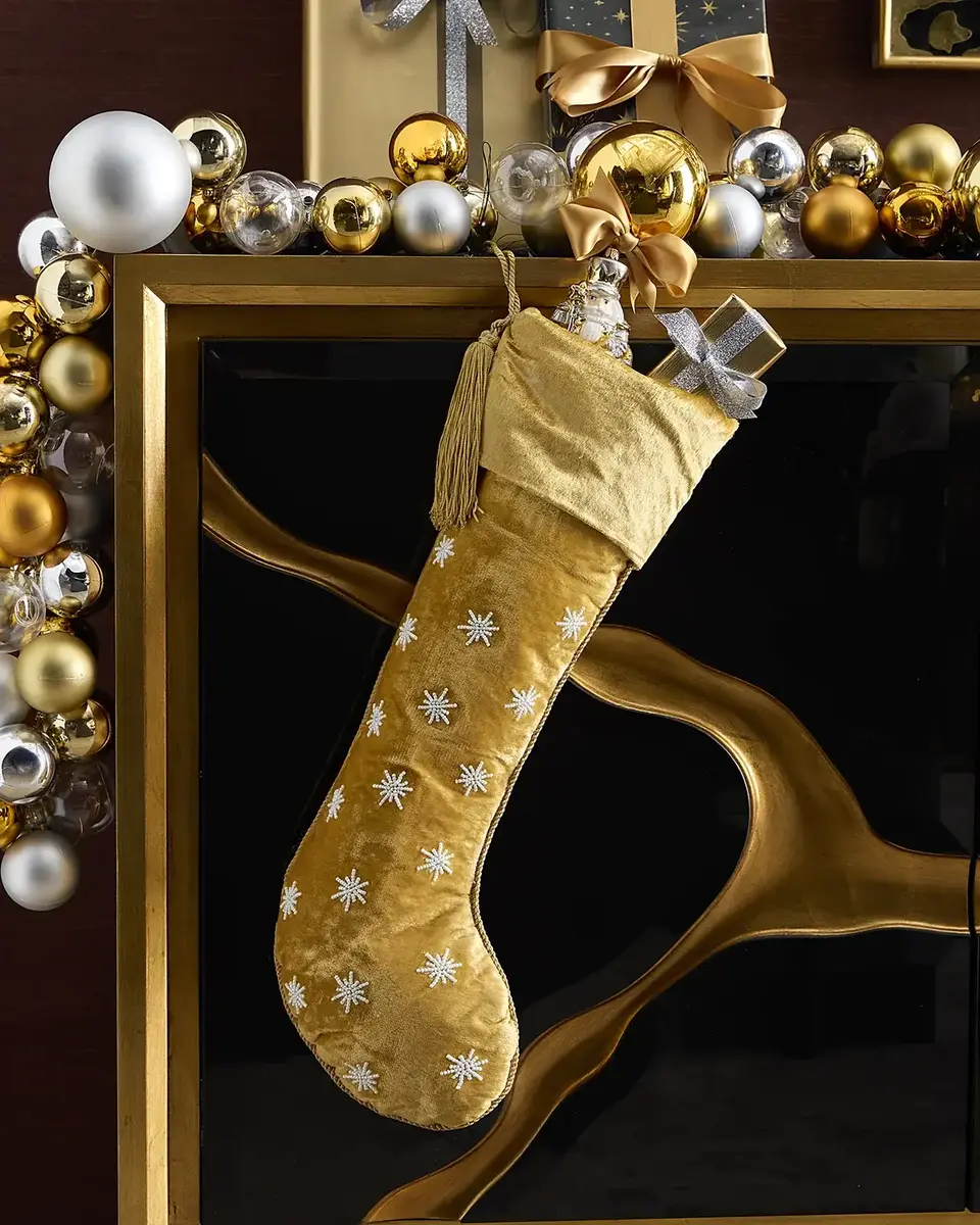 Sudha Pennathur Beaded Snowflakes on Gold Velvet Stocking