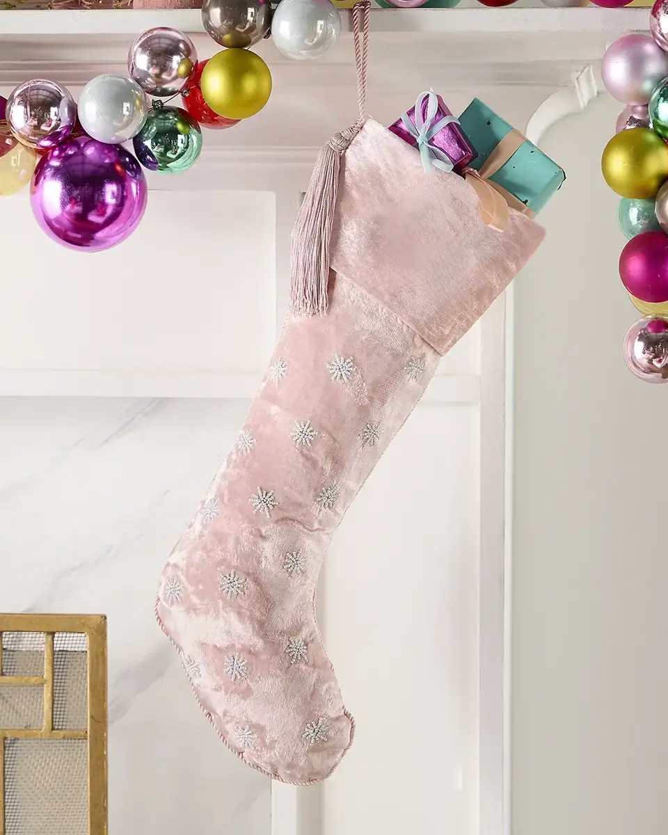 Sudha Pennathur Beaded Snowflakes on Pink Velvet Stocking