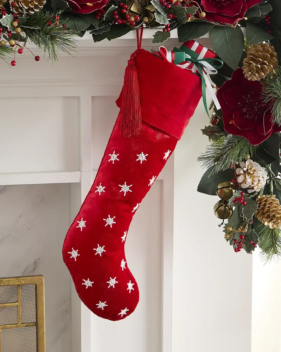 Sudha Pennathur Beaded Snowflakes on Velvet Stocking