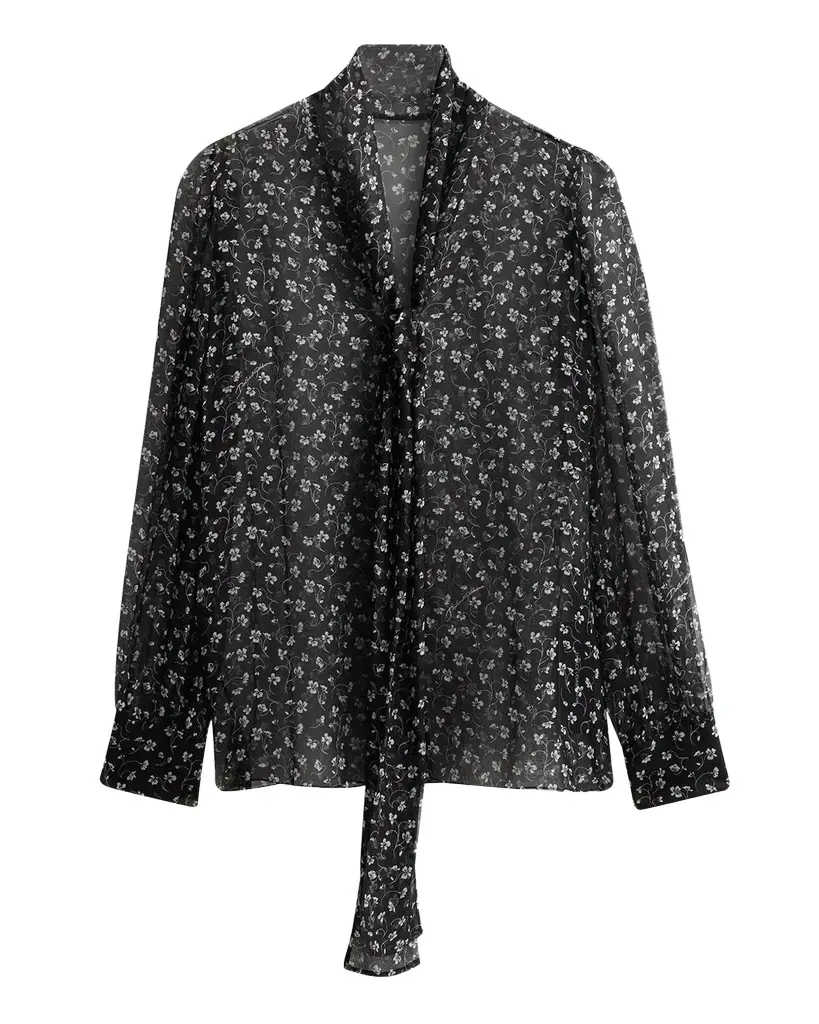 Floral-Print Silk Chiffon Scarf-Neck Blouse
