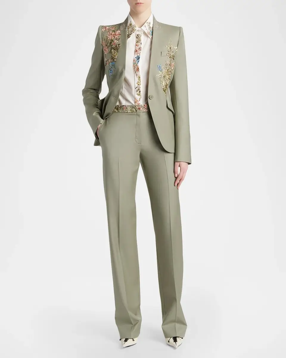 Alexander McQueen Embroidered Wool Straight-Leg Trousers | Thumbnail 2 Alexander McQueen Embroidered Wool Straight-Leg Trousers | Thumbnail 2