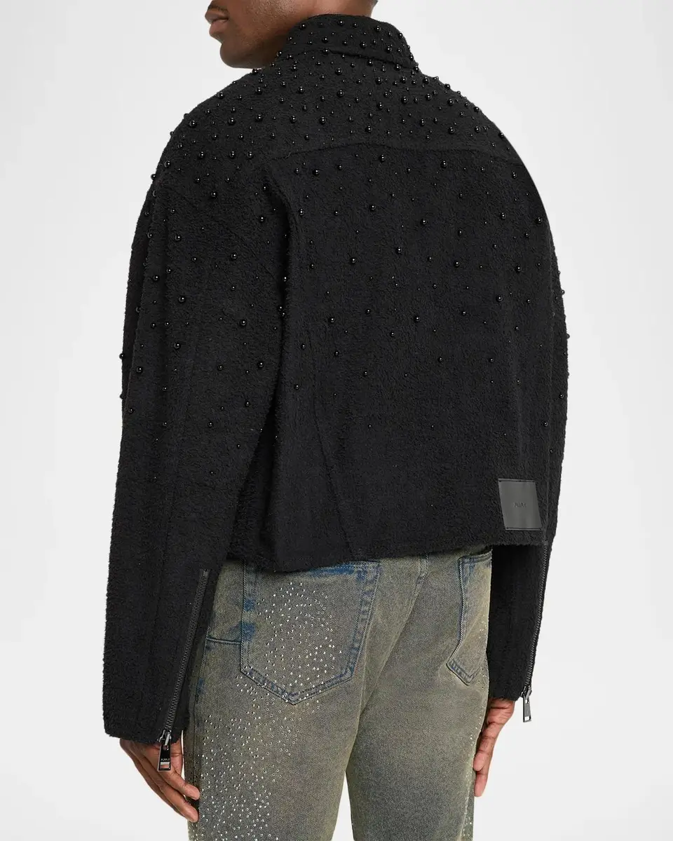 PURPLE Men's Imitation Pearl-Embellished Cotton-Blend Crop Jacket | Thumbnail 3 PURPLE Men's Imitation Pearl-Embellished Cotton-Blend Crop Jacket | Thumbnail 3