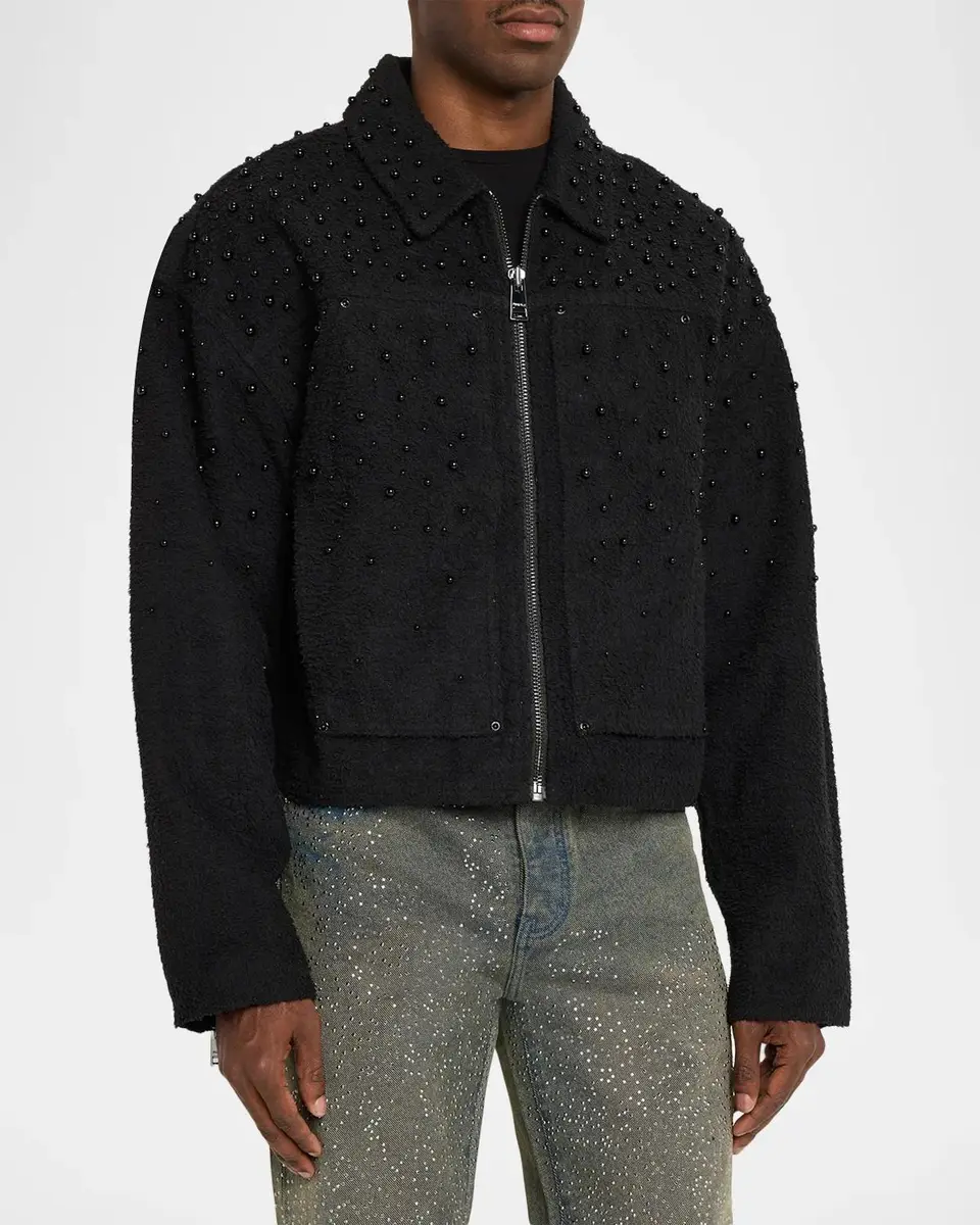 PURPLE Men's Imitation Pearl-Embellished Cotton-Blend Crop Jacket | Thumbnail 4 PURPLE Men's Imitation Pearl-Embellished Cotton-Blend Crop Jacket | Thumbnail 4