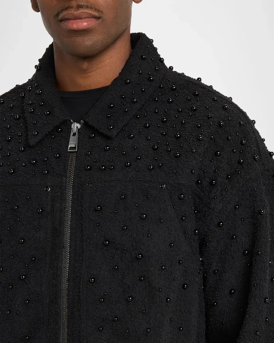 PURPLE Men's Imitation Pearl-Embellished Cotton-Blend Crop Jacket | Thumbnail 5 PURPLE Men's Imitation Pearl-Embellished Cotton-Blend Crop Jacket | Thumbnail 5