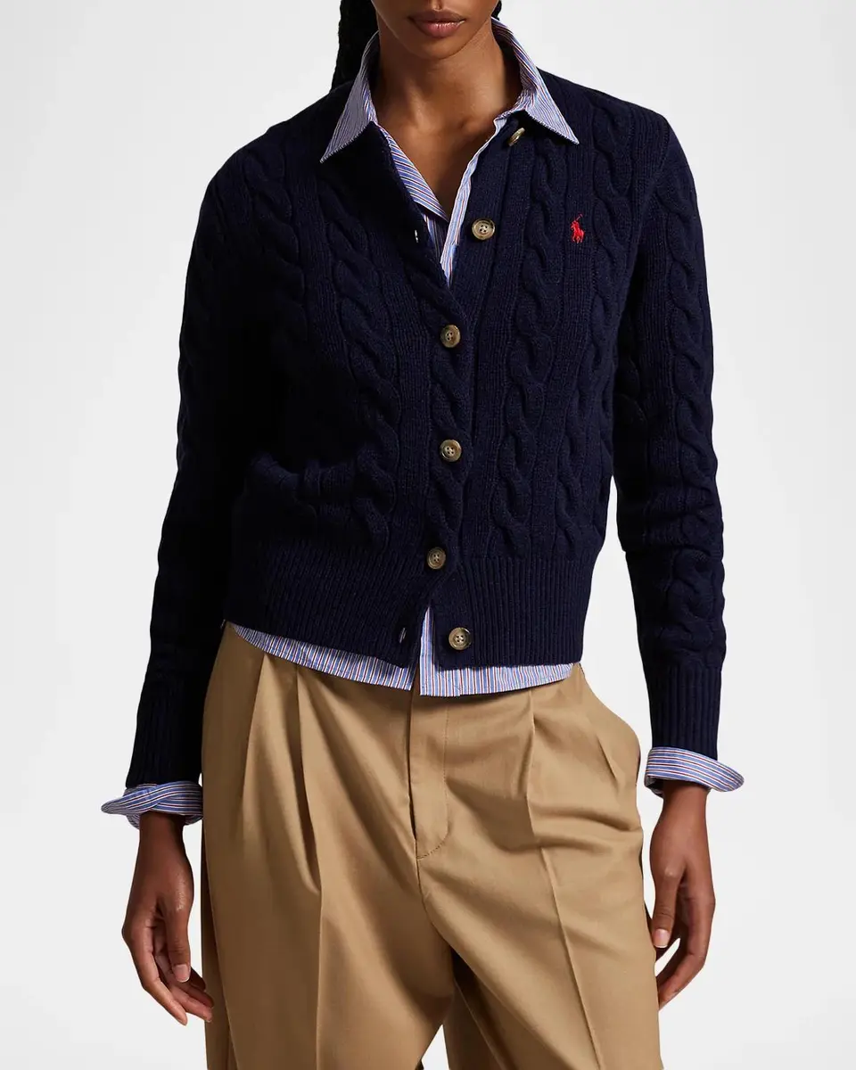 Polo Ralph Lauren Logo-Embroidered Wool-Blend Cable-Knit Cardigan | Thumbnail 4 Polo Ralph Lauren Logo-Embroidered Wool-Blend Cable-Knit Cardigan | Thumbnail 4