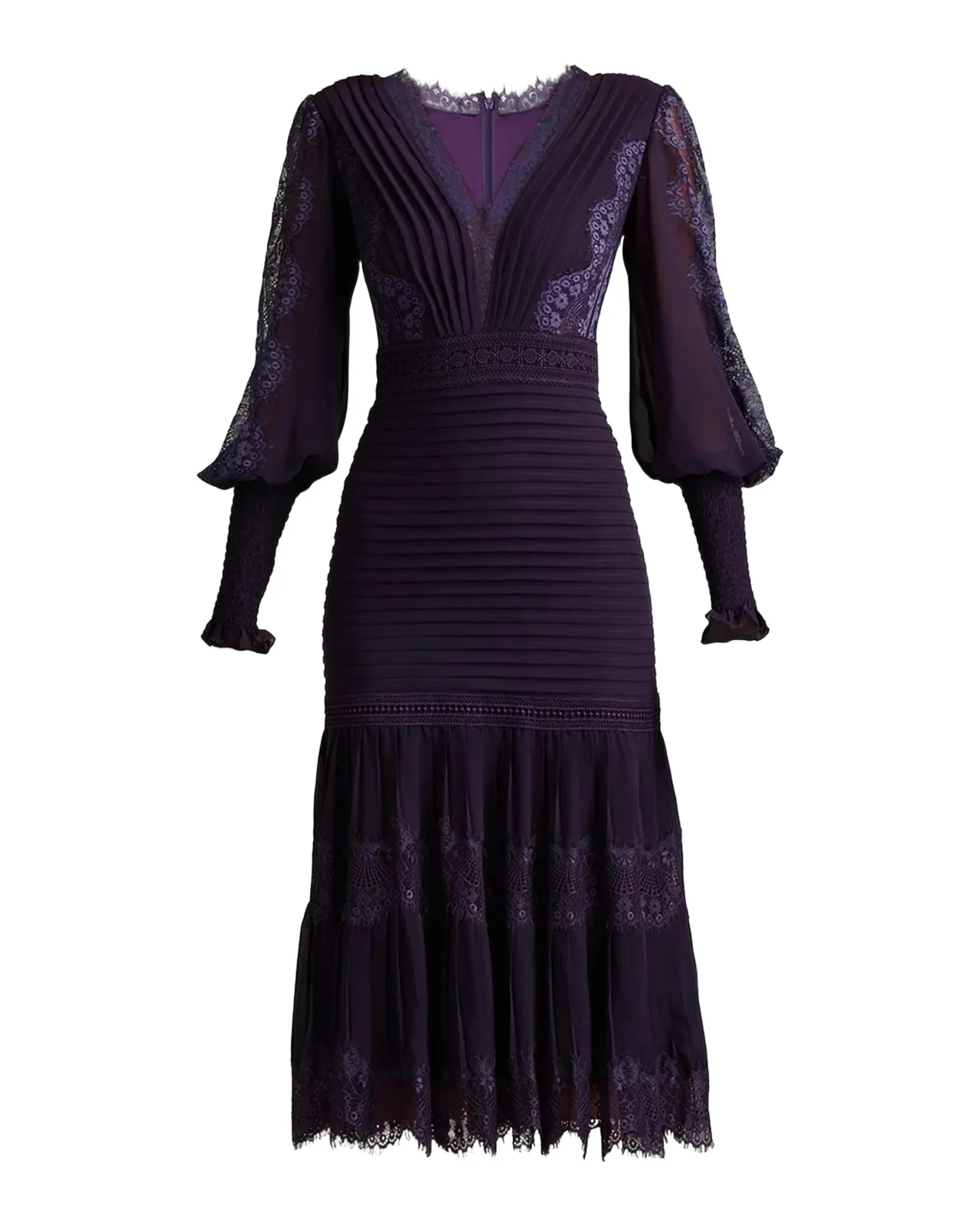 Tadashi Shoji Pleated Chiffon & Lace Bishop-Sleeve Dress