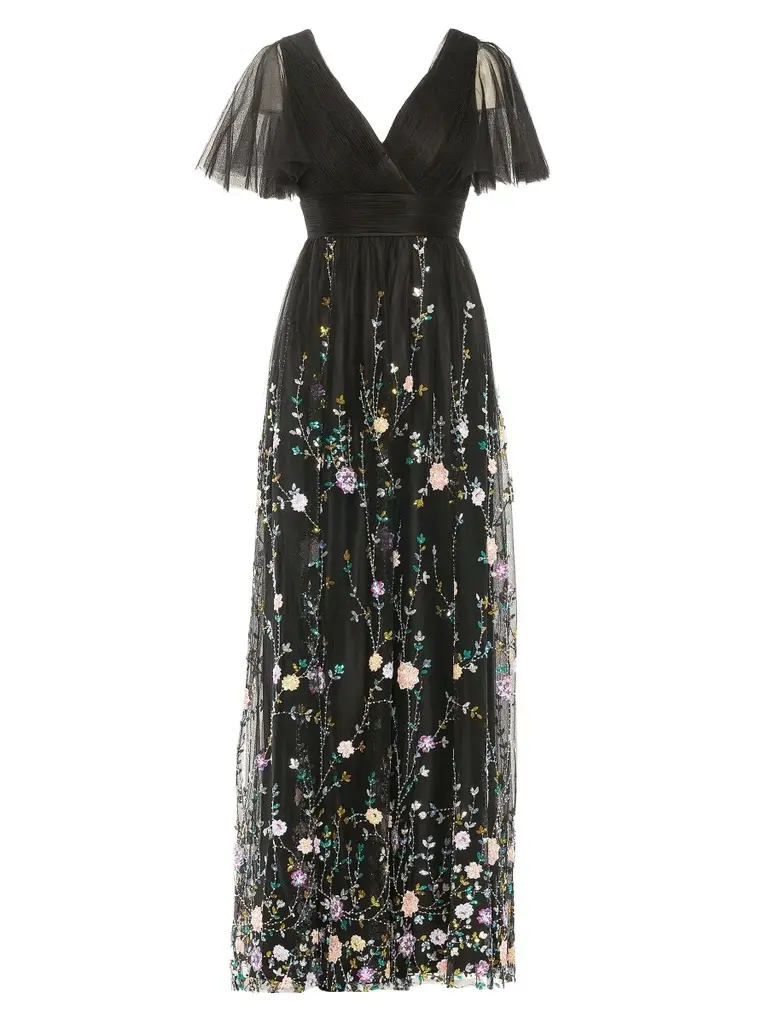 Women's Embellished Illusion V-Neck Gown