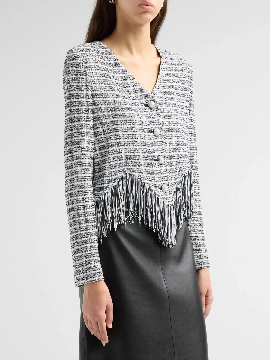 Misook Women's Chevron Tweed Fringe-Trim Jacket | Thumbnail 4 Misook Women's Chevron Tweed Fringe-Trim Jacket | Thumbnail 4