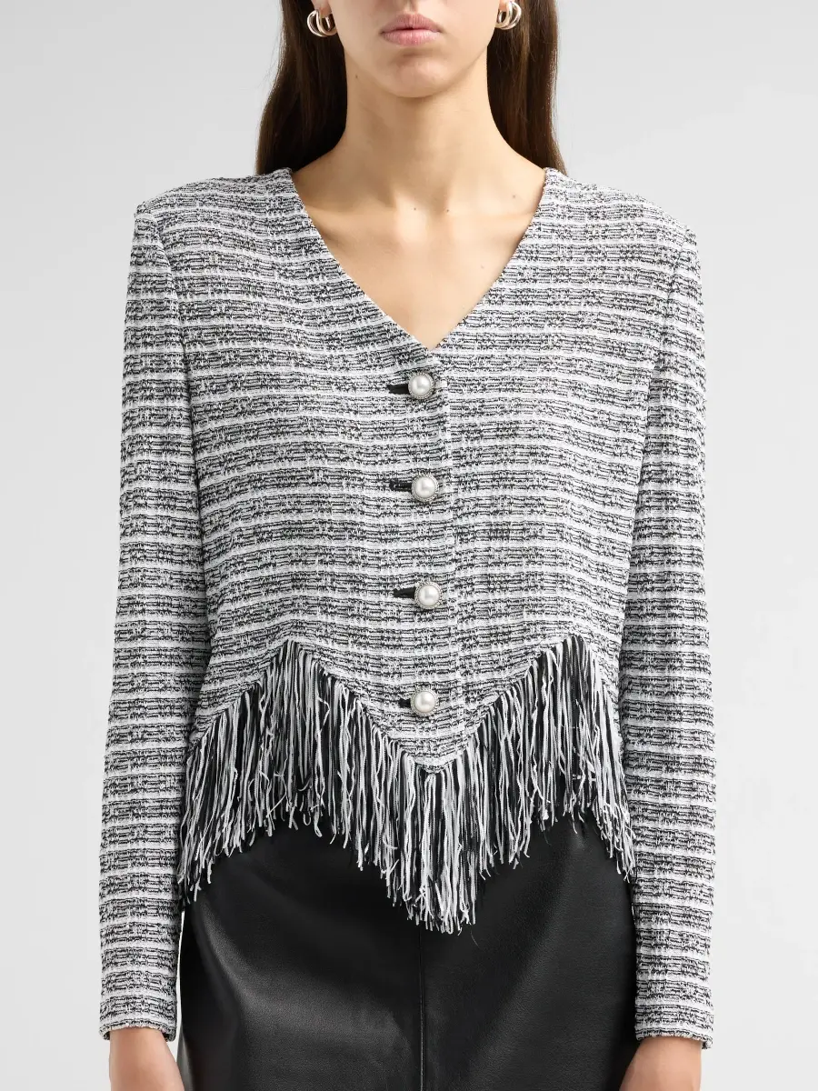 Misook Women's Chevron Tweed Fringe-Trim Jacket | Thumbnail 5 Misook Women's Chevron Tweed Fringe-Trim Jacket | Thumbnail 5