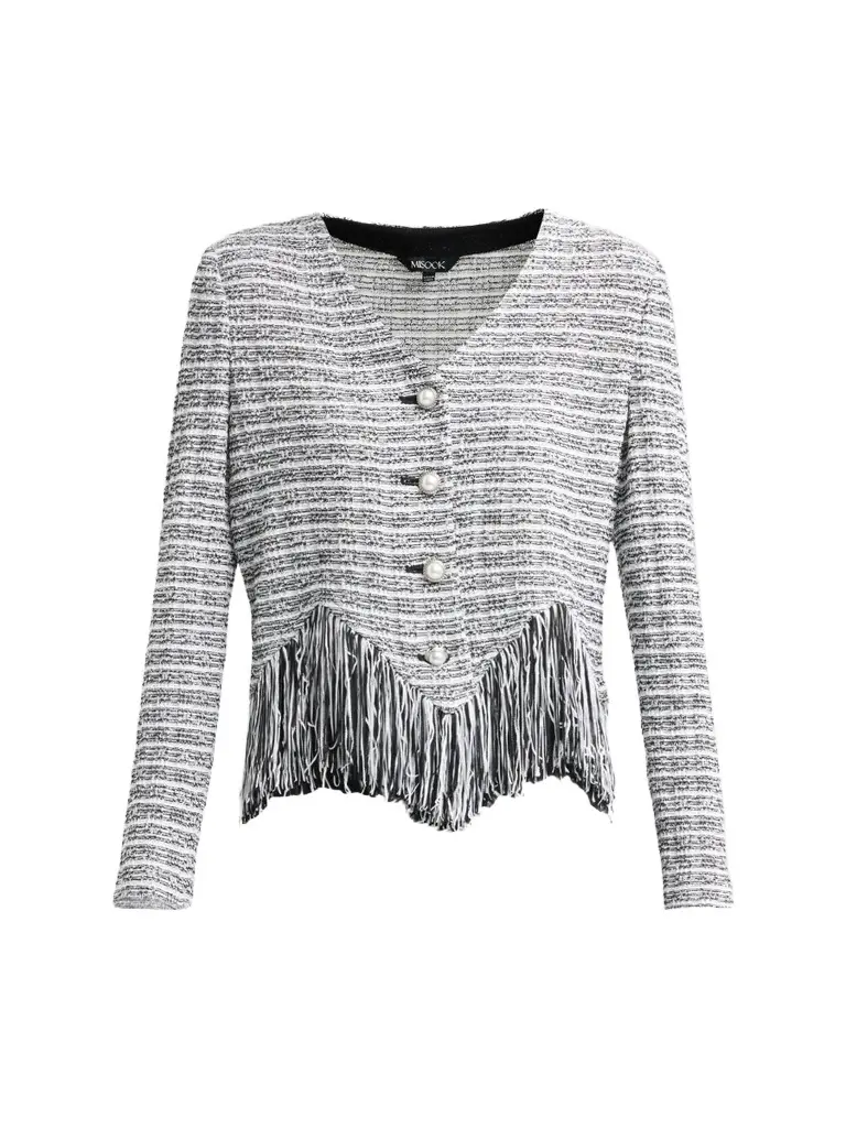 Women's Chevron Tweed Fringe-Trim Jacket Women's Chevron Tweed Fringe-Trim Jacket