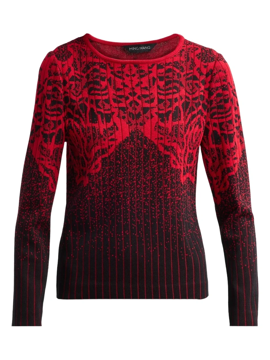 Ming Wang Women's Petite Jacquard Long-Sleeve Top