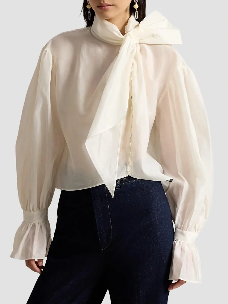 Polo Ralph Lauren Women's Tiieneck Cotton-Silk Organdy Shirt | Thumbnail 4 Polo Ralph Lauren Women's Tiieneck Cotton-Silk Organdy Shirt | Thumbnail 4