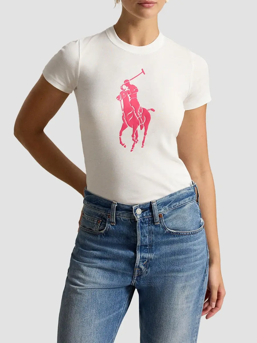 Polo Ralph Lauren Women's Pink Pony Logo Cotton Crewneck T-Shirt | Thumbnail 4 Polo Ralph Lauren Women's Pink Pony Logo Cotton Crewneck T-Shirt | Thumbnail 4