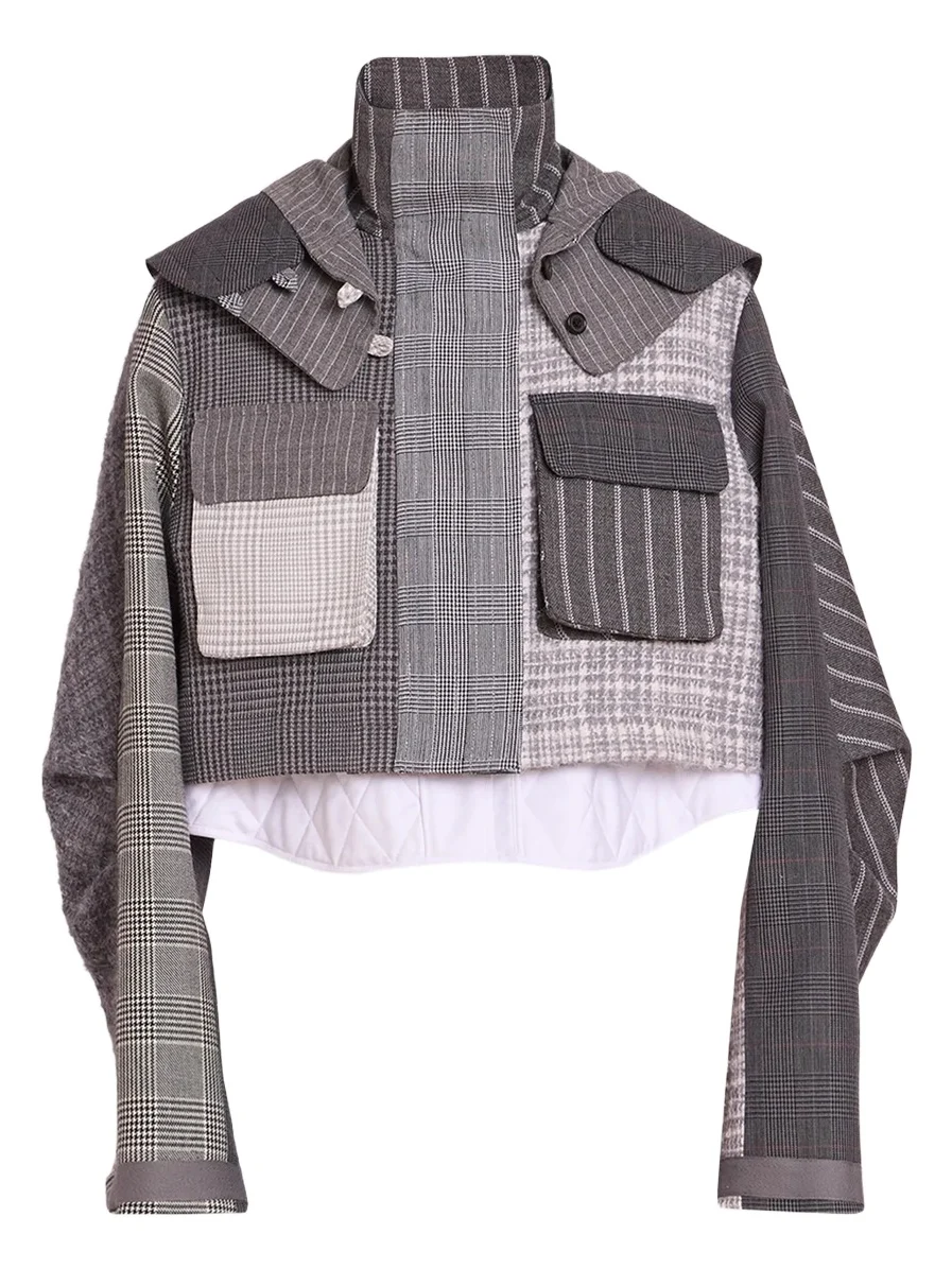 Thom Browne Women's Plaid Virgin-Wool Removable Hood Crop Parka