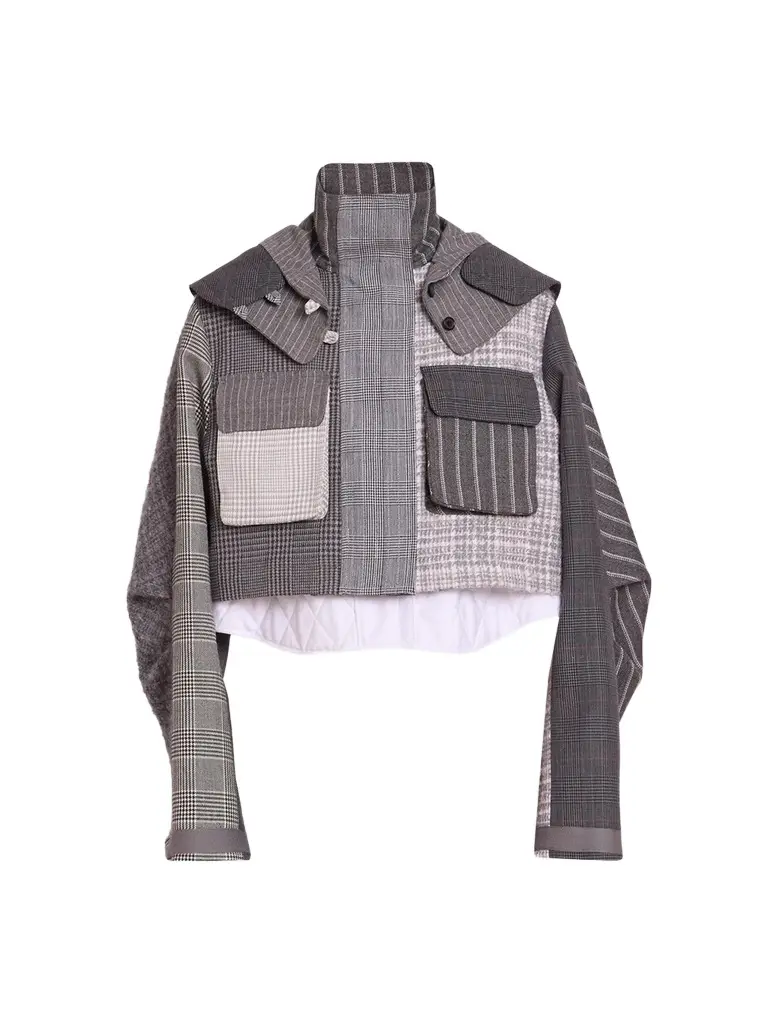 Thom Browne Women's Plaid Virgin-Wool Removable Hood Crop Parka