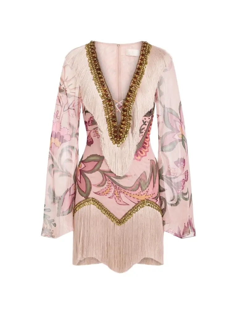 PatBo Women's Embellished Fringed Floral Mini Dress