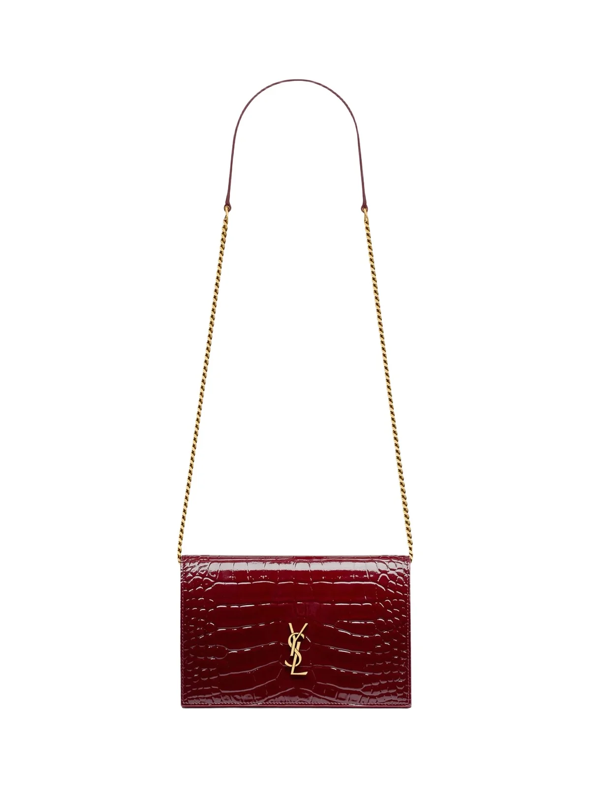 Saint Laurent Women's Cassandre Envelope Chain Wallet in Crocodile-Embossed Patent Leather