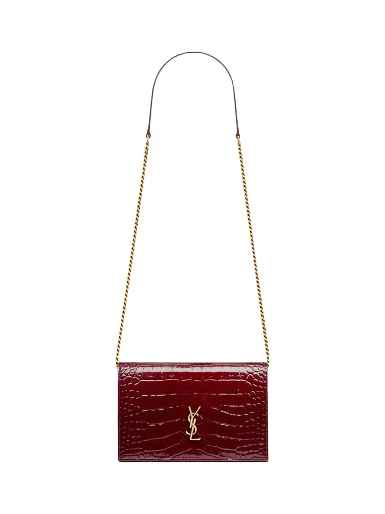 Women's Cassandre Envelope Chain Wallet in Crocodile-Embossed Patent Leather