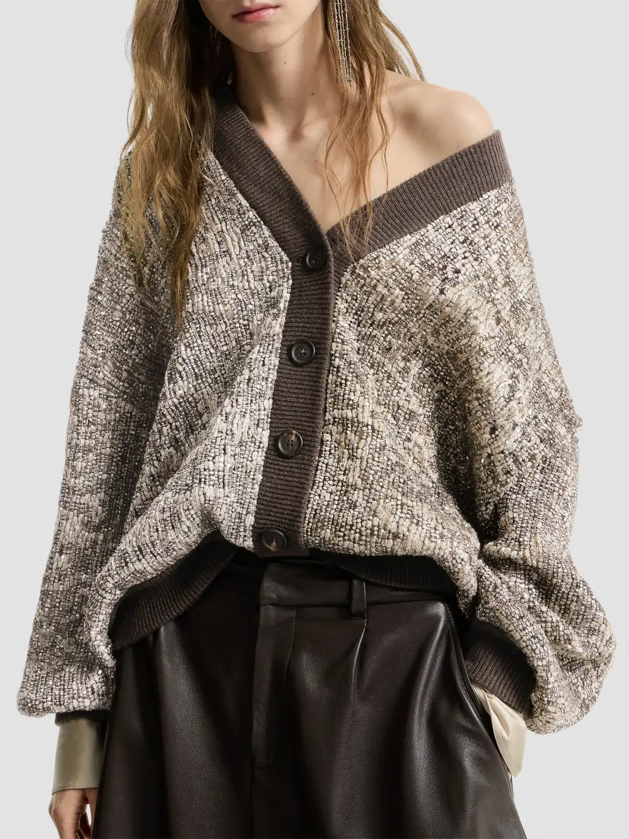 Brunello Cucinelli Women's Dazzling Craquelé Embroidery Cardigan | Thumbnail 4