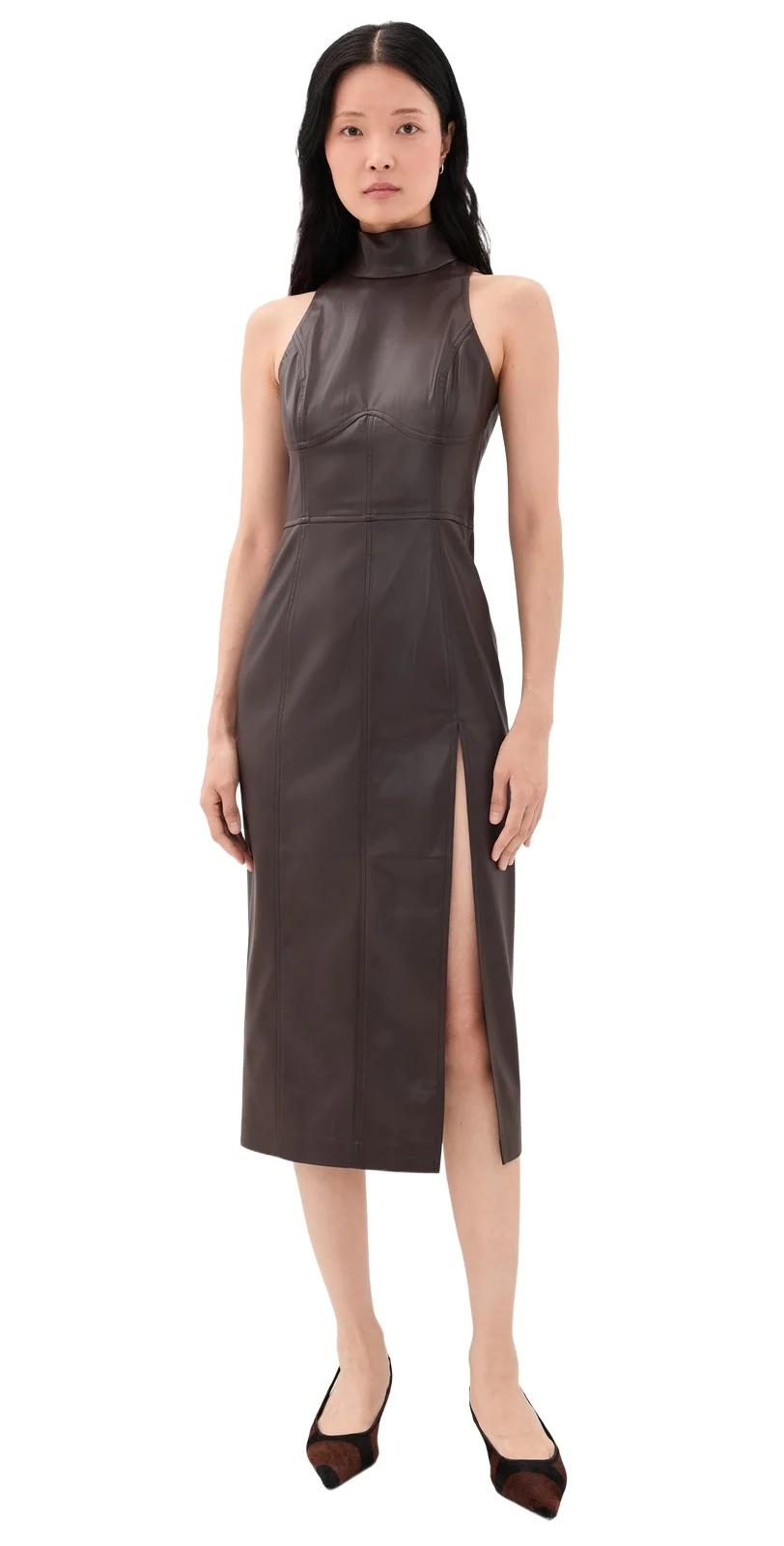Faux Leather Mock Sleeveless Slit Dress Faux Leather Mock Sleeveless Slit Dress