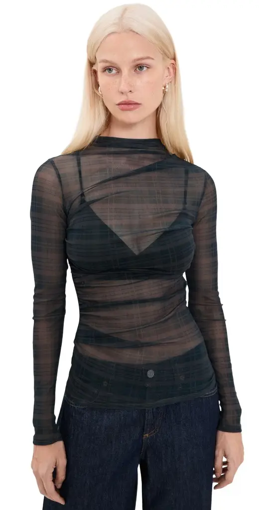 Mesh Long Sleeve Twist Top in Plaid Shadow Plaid