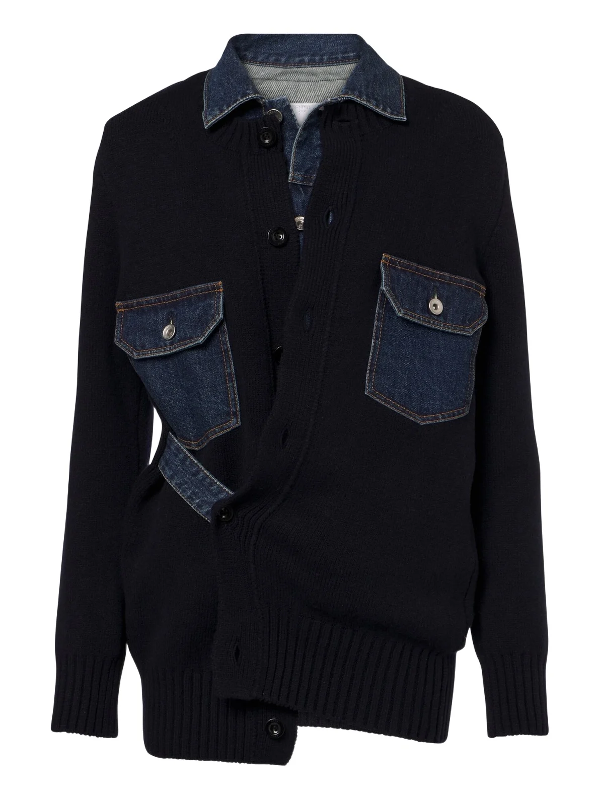 Layered wool-blend and denim cardigan Layered wool-blend and denim cardigan
