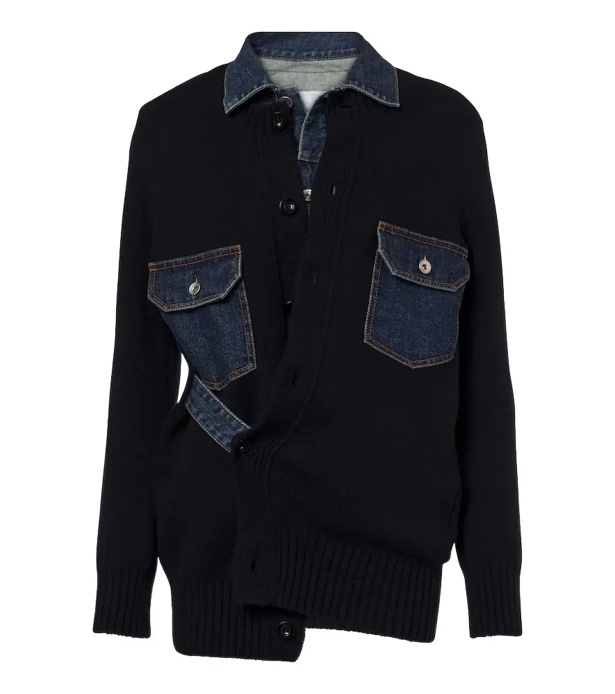 Sacai Layered wool-blend and denim cardigan