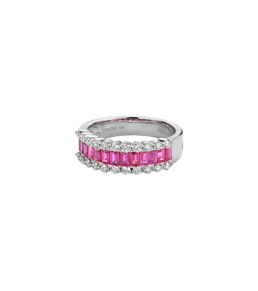Baguette Love 18kt white gold ring with rubies and diamonds