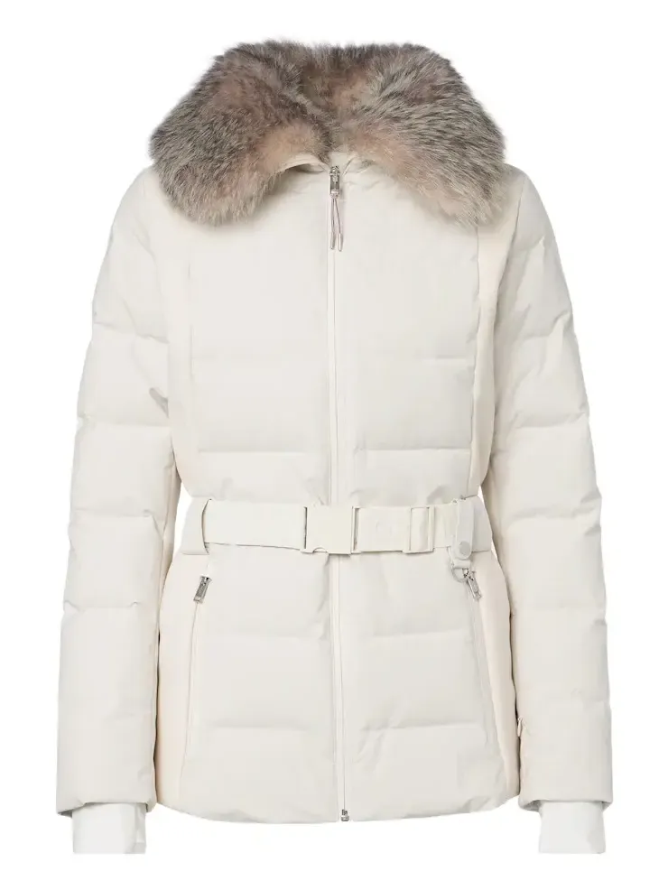 Belted shearling-trimmed down ski jacket
