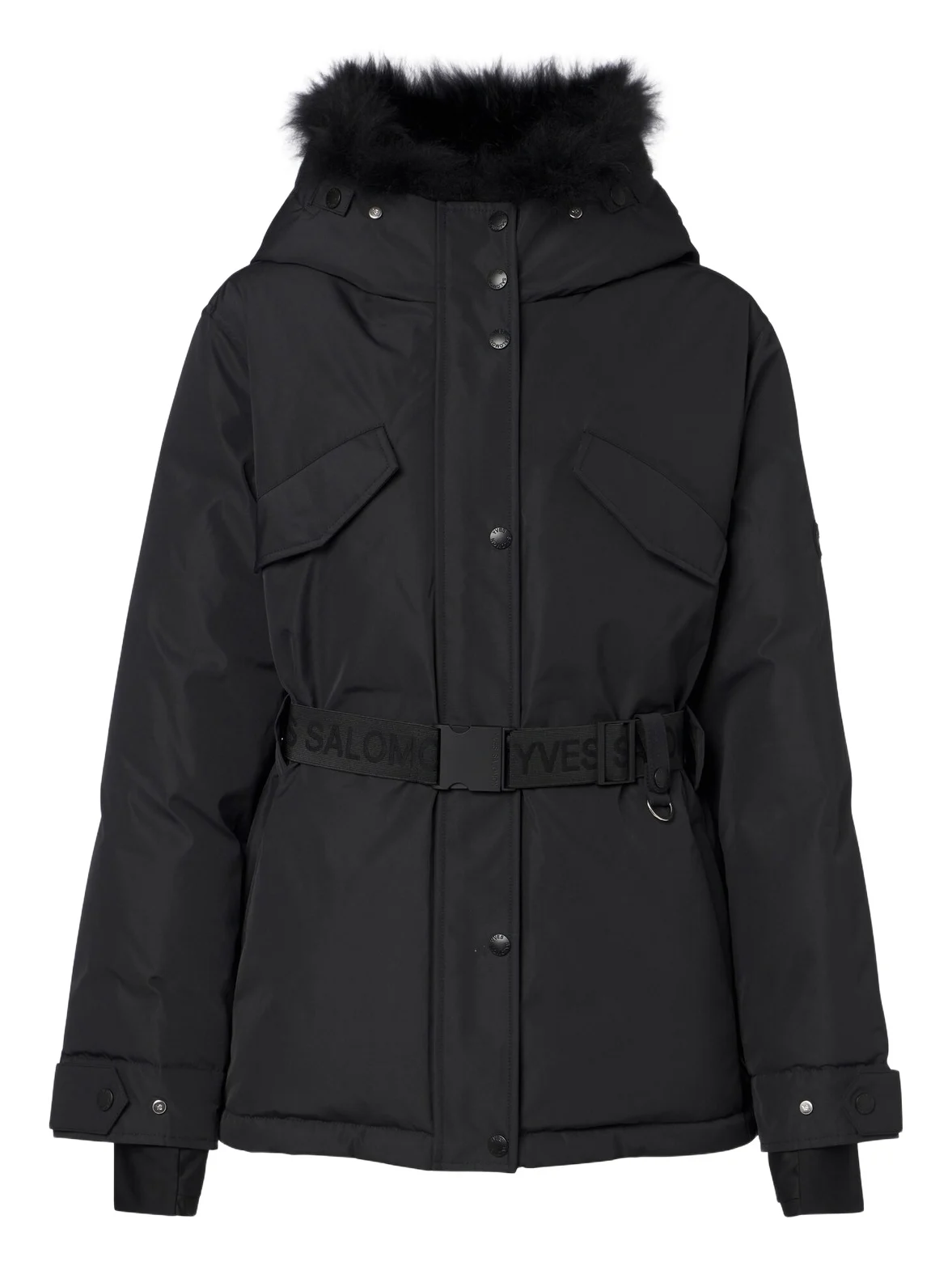 Belted shearling-trimmed ski jacket