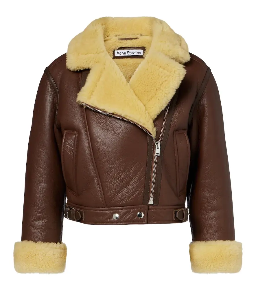 Shearling-trimmed leather biker jacket Shearling-trimmed leather biker jacket