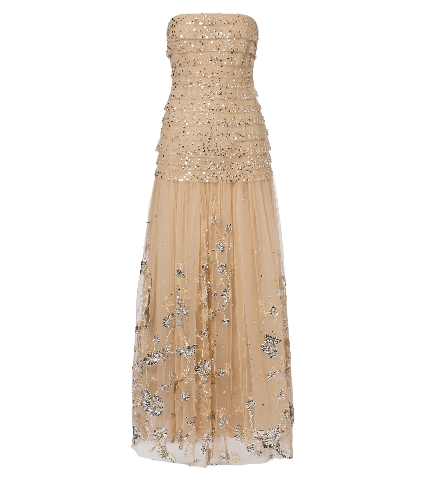 Sequined tiered tulle bustier gown