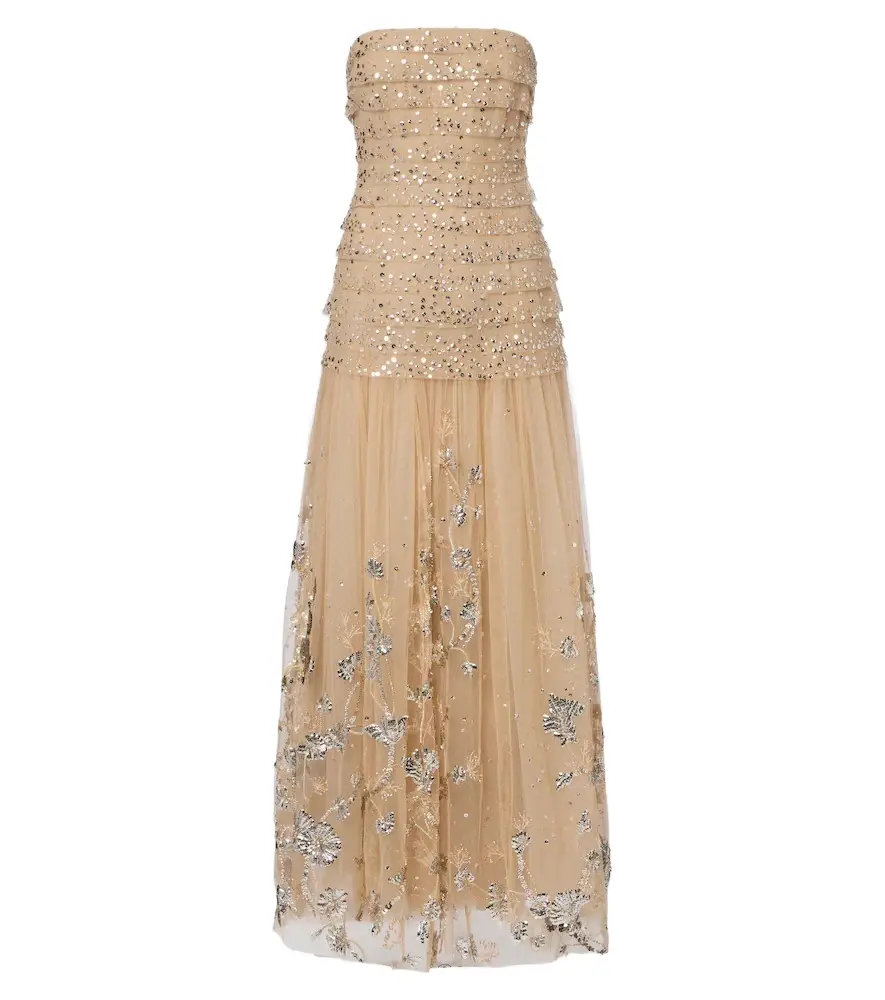 Sequined tiered tulle bustier gown