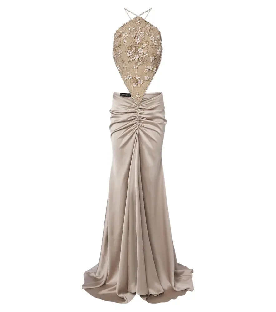 Embellished gathered open-back satin gown Embellished gathered open-back satin gown