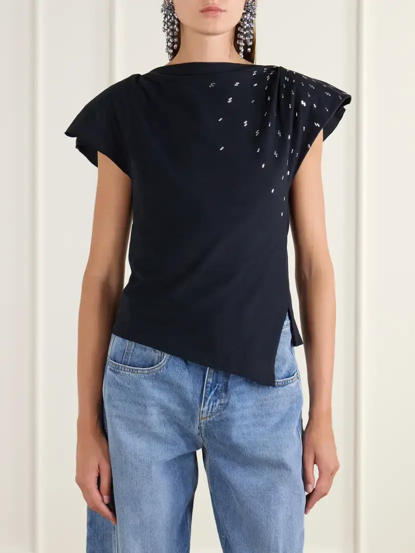 Isabel Marant Sebani Asymmetric Gathered Bead-embellished Cotton-jersey T-shirt | Thumbnail 3 Isabel Marant Sebani Asymmetric Gathered Bead-embellished Cotton-jersey T-shirt | Thumbnail 3