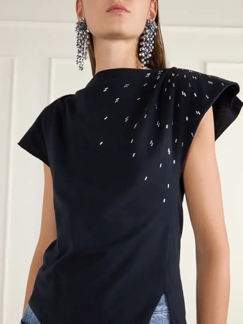 Isabel Marant Sebani Asymmetric Gathered Bead-embellished Cotton-jersey T-shirt | Thumbnail 5 Isabel Marant Sebani Asymmetric Gathered Bead-embellished Cotton-jersey T-shirt | Thumbnail 5