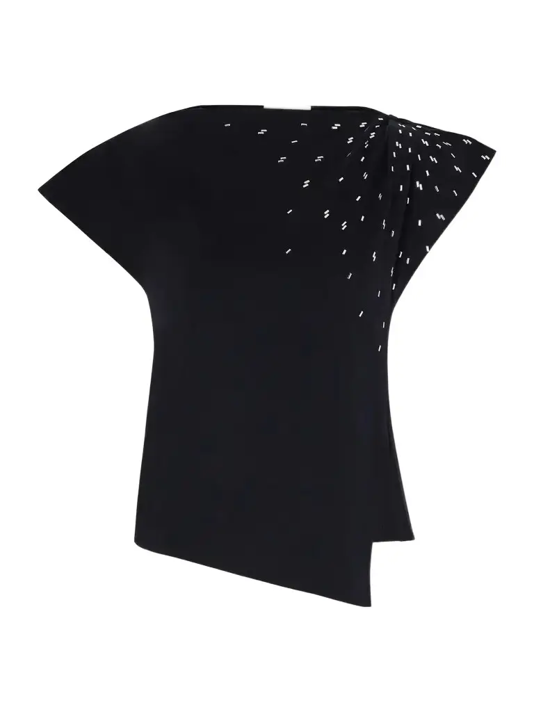 Sebani Asymmetric Gathered Bead-embellished Cotton-jersey T-shirt