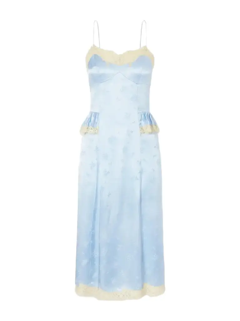 DÔEN Lise Lace-trimmed Floral-jacquard Satin Midi Dress