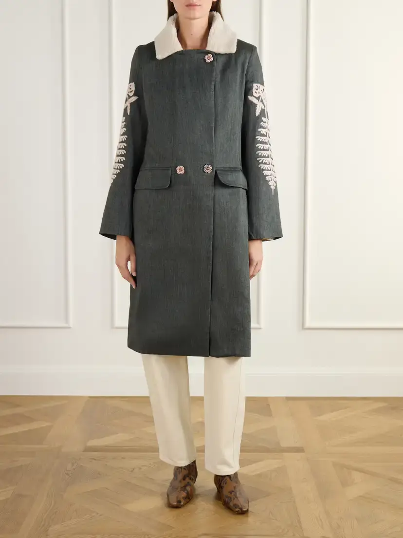 ALIX OF BOHEMIA Petunia Embroidered Fleece-trimmed Wool And Linen-blend Twill Coat | Thumbnail 3 ALIX OF BOHEMIA Petunia Embroidered Fleece-trimmed Wool And Linen-blend Twill Coat | Thumbnail 3